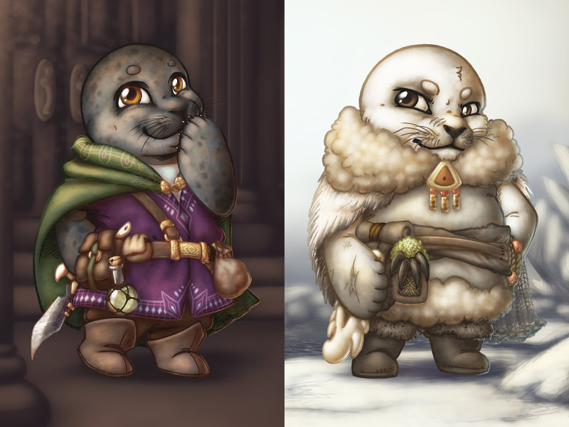 Merry Mercs Link - Image of two seal people one cute with a knife, one grumpy in a snowy field