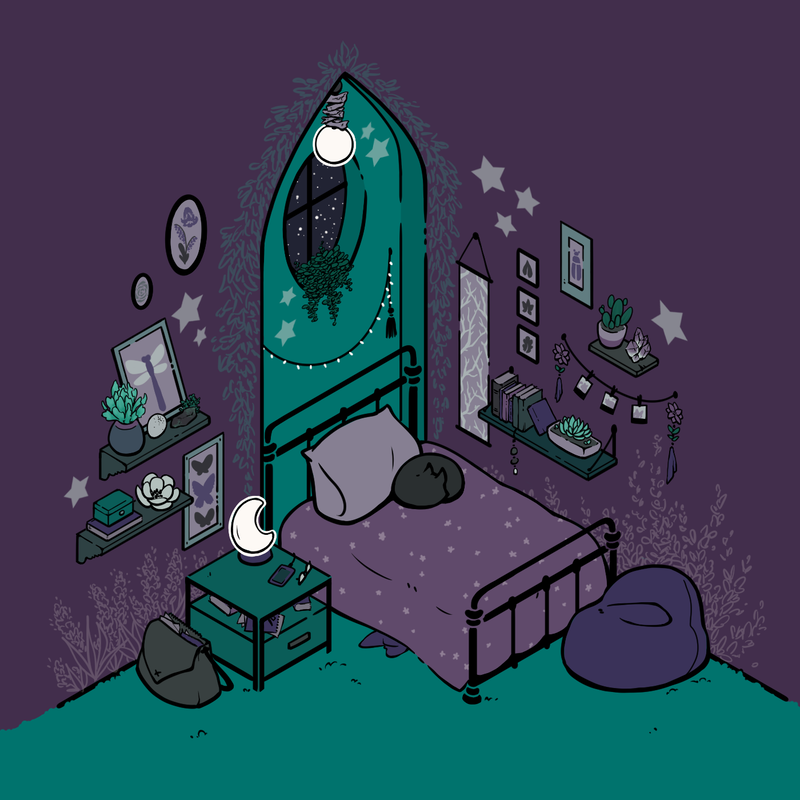Environment Art Link - Image of a teal and purple bedroom decorated with plants, bugs, and space themed objects